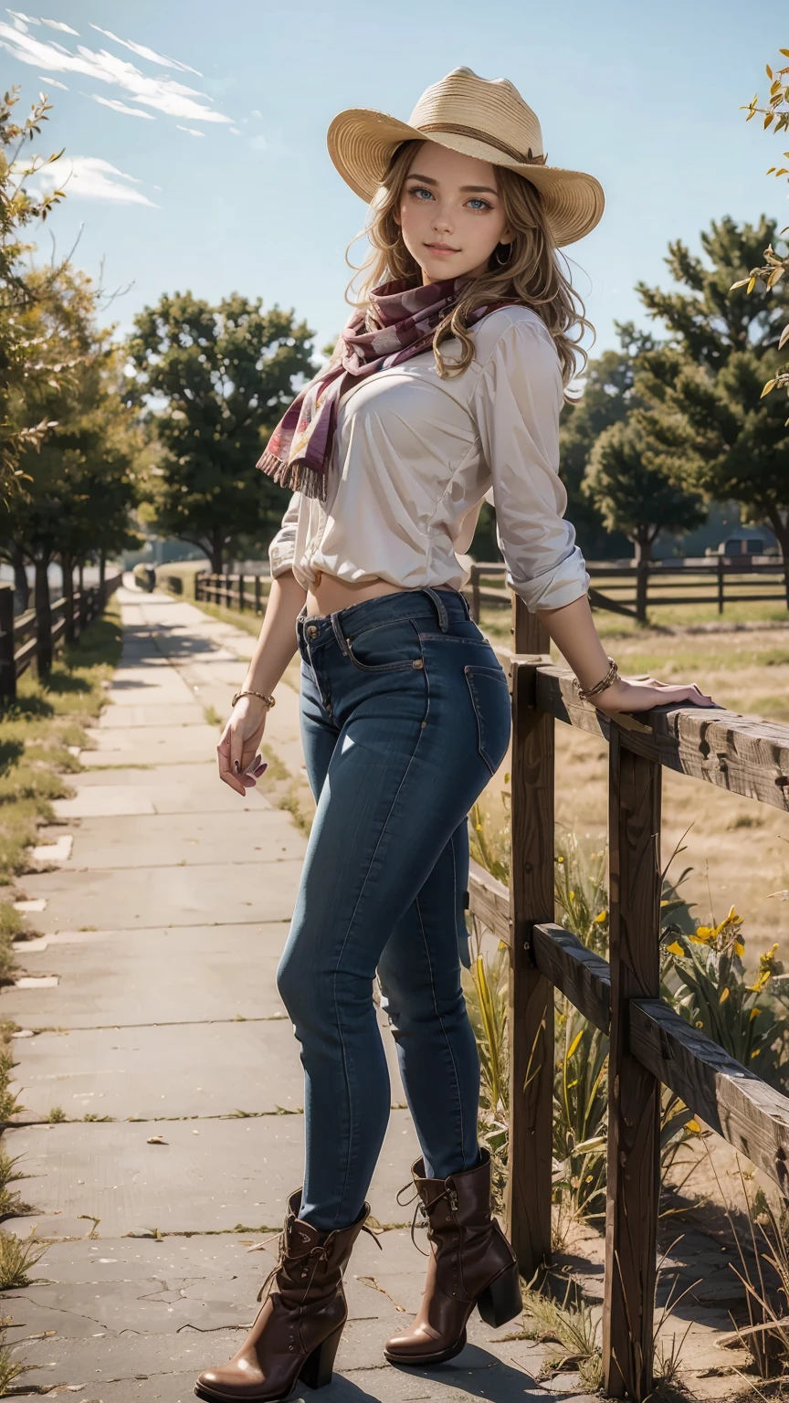 highest quality、masterpiece、ultra high resolution、24 year old white female、Hair color is brunette and purple gradation color、blue eyes、long hair、my hair is wavy、hair up style、smile、Slender but well-proportioned feminine body、wearing red nail polish、wearing a frilly blouse、wearing skinny jeans、I'm wearing boots that cowboys wear.、I'm punching my chest、wearing a cowboy hat、I'm wearing a scarf around my neck、on a farm in america、I'm holding the brim of my cowboy hat in my hand.