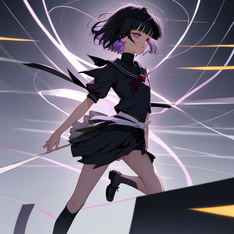 {{{{tomoe hotaru}}}}, {十萌ほたる}, {{{{sailor saturn}}}}, 8 years old,
{{{{amazing quality, great quality, high quality, very aesthetic, aesthetic, best quality}}}},
realistic, photo, shadow, Three-dimensional, absurdres, Digital art,
black hair, short hair, trimmed hair, shiny hair, blunt bangs, short sideburns,
{{flat chest}}, {{small breasts}}, {{detailed body}}, slim thighs, thin thighs,
purple eyes, big eyes, tareme,
black turtleneck, black skirt, black tights, black shoes for women,
beautiful girl, one girl, cute, pretty, lovely, charming, teenage, cute, pretty, lovely, charming, kawaii,
dynamic composition,