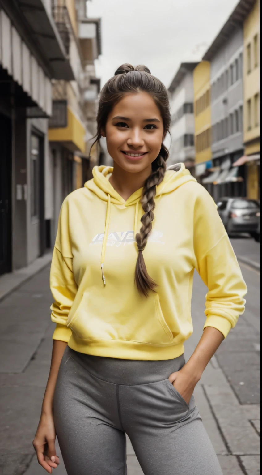 Foto hiperrealista en primer plano de Kelsey Asbille (native American), masterpiece, best quality, (photorealistic:1.4), full body,  (yellow yellow hoodie:1.1) and (grey yoga pants:1.1), on the street of western town. cinematic light, beautiful woman, skinny, large big breasts, black long hair (two braids), detailed face, smile, facing the camera, photo taken from a distance, age of 25 years old, camera filter on pastel gray colors,, grey filter on camera