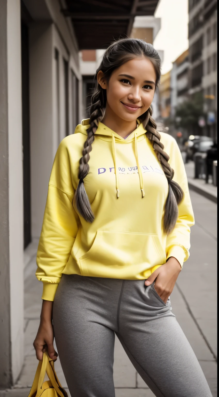 Foto hiperrealista en primer plano de Kelsey Asbille (native American), masterpiece, best quality, (photorealistic:1.4), full body,  (yellow yellow hoodie:1.1) and (grey yoga pants:1.1), on the street of western town. cinematic light, beautiful woman, skinny, large big breasts, black long hair (two braids), detailed face, smile, facing the camera, photo taken from a distance, age of 25 years old, camera filter on pastel gray colors,, grey filter on camera