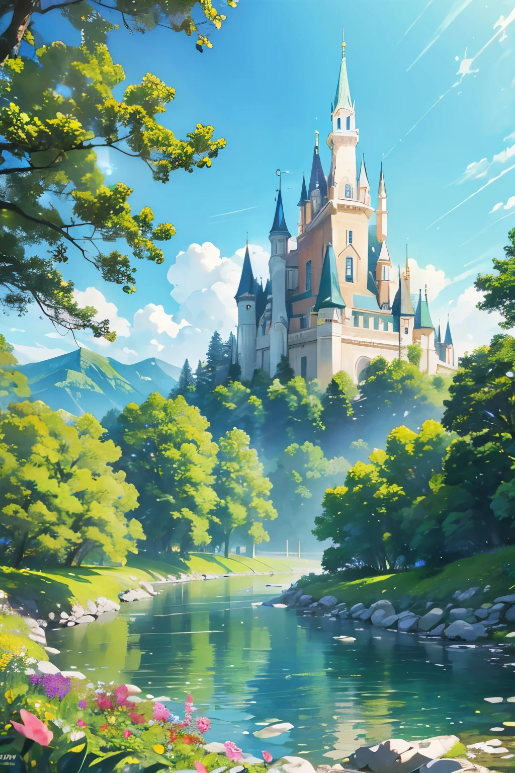 The exquisite beauty glass castle with nature:1.1, realistic, professional, Vivid colors, Soft lighting, Landscapes, Detailed trees, Colorful flowers, flowing river, Majestic mountains, Gentle breeze, Clear blue sky, the sunlight filters through the leaves of the tree, vibrant hues, Natural tranquility, Lush greenery, anime art
