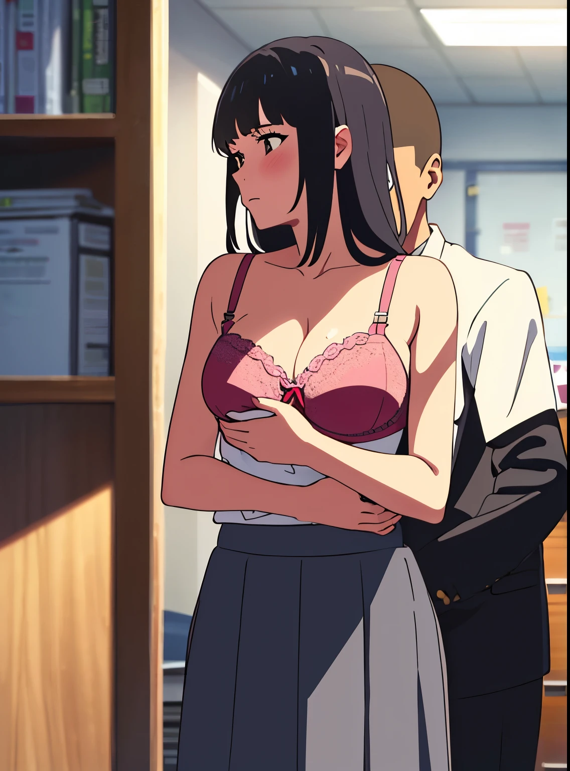 shinkai makoto, kimi no na wa., 1boy, buzzcut,office suit, boy caressing girl's body, kiss cheeks, passionate hug, boy is hugging from behind, breast groping from behind, 1girl, bangs, black hair, brown eyes, Twisted Half Up, red ribbon, long hair, yellow blouse, open shirt, unbuttoned shirt, pink bra, cleavage, breast, medium breast, long gray skirt, storage room, indoors, masterpiece, perfect anatomy, cowboyshot