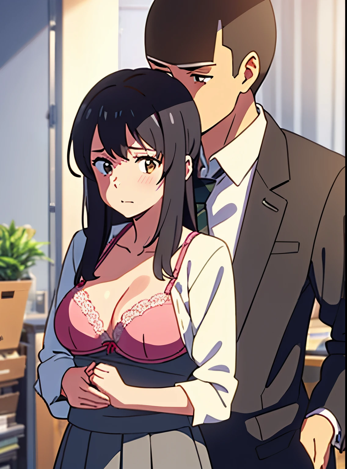 shinkai makoto, kimi no na wa., 1middle age man, wrinkle face, black hair,bangs swept to the right side, office suit, middle aged man caressing girl's body, kiss cheeks, passionate hug, boy is hugging from behind, chestgrope from behind, middle aged man is touchig girl's chest, hold chest, 1girl, nude, bangs, black hair, brown eyes, Twisted Half Up Hair, red ribbon, long hair, nipples, medium breast, storage room, indoors, masterpiece, perfect anatomy, cowboyshot