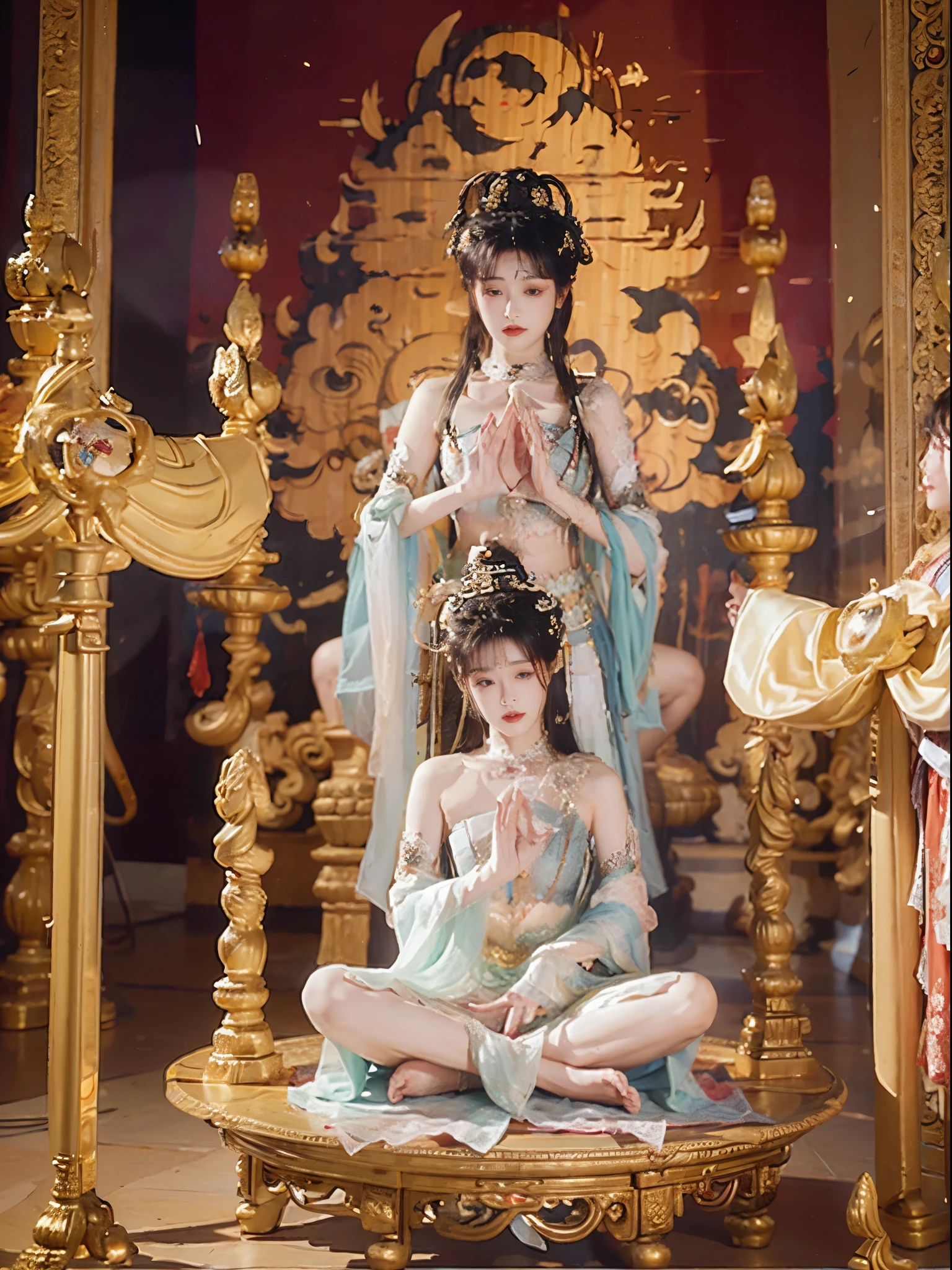 (best quality, 4k, 8K, a high resolution, masterpiece:1.2），Naked Tantric female Guanyin in transparent lace sits cross-legged on a sacrificial platform and meditates,  Covered with mucus, Tantric Double Cultivation Ceremony, Buddhist therapy