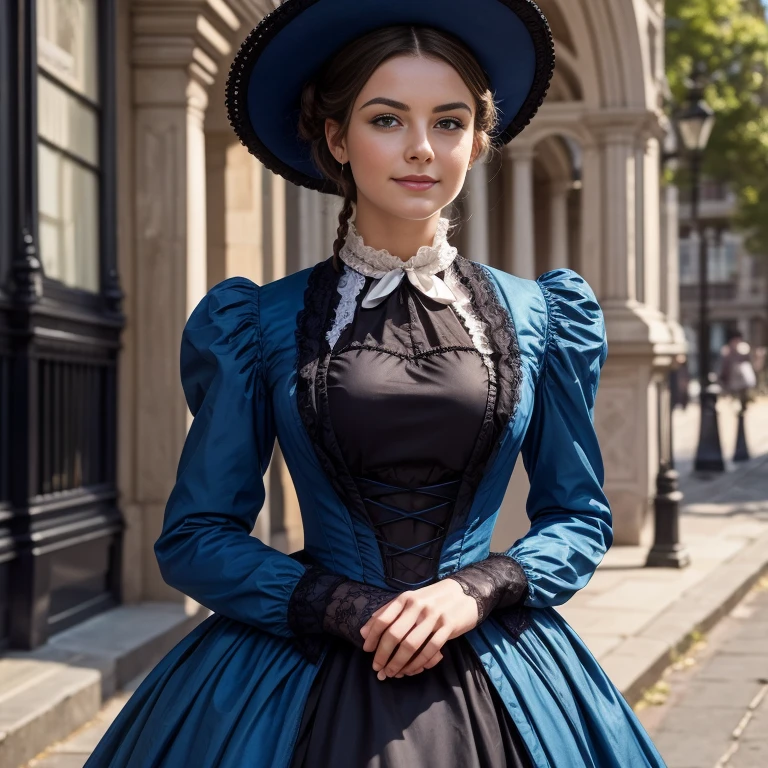 Hyper-realistic, masterpiece, screen shot, best quality, beautiful portrait, close-up zoom, high resolution, 8k, 1girl, smiley cocky smirk, a woman in a blue sky dress walking down a street, walking in evening, Victorian lady, a beautiful Victorian woman, Victorian fantasy art, Herbert James Draper, dressed in Victorian clothes, Vittorio Matteo Corcos, beautiful character.