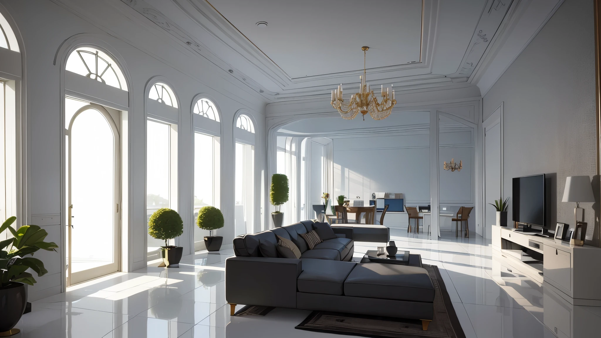 You are a famous interior designer、You have been asked to create a 3D image of a modern large room. Create a harmonious environment with modern and minimalist furniture. Including garden interior.

