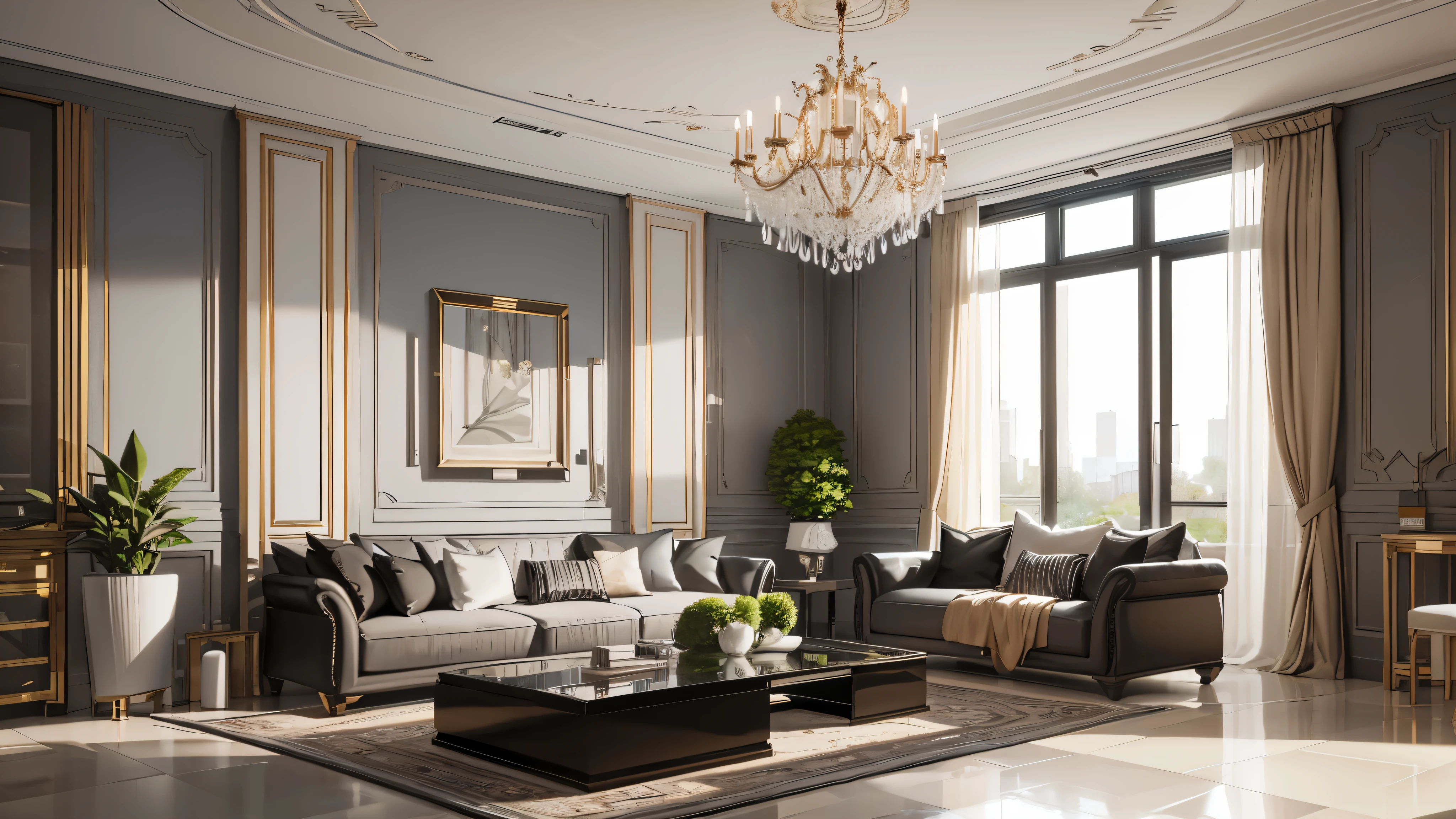 You are a famous interior designer、You have been asked to create a 3D image of a modern large room. Create a harmonious environment with modern and minimalist furniture. Including garden interior.