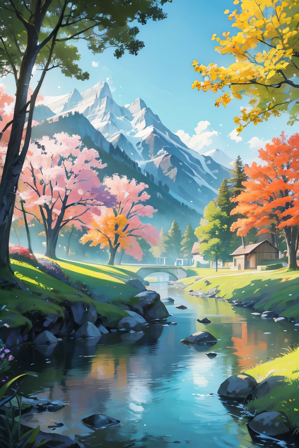 The exquisite beauty of house with nature:1.1, oil painting, professional, Vivid colors, Soft lighting, Landscapes, Detailed trees, Colorful flowers, flowing river, Majestic mountains, Gentle breeze, Clear blue sky, the sunlight filters through the leaves of the tree, vibrant hues, Natural tranquility, Lush greenery,
