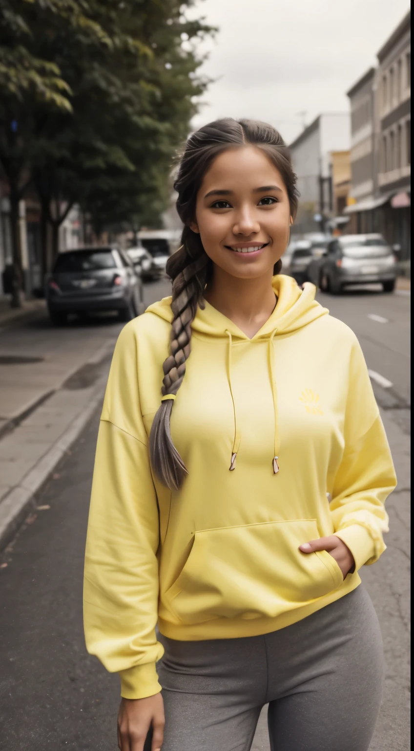 Foto hiperrealista en primer plano de Kelsey Asbille (native American), masterpiece, best quality, (photorealistic:1.4), full body,  (yellow yellow hoodie:1.1) and (grey yoga pants:1.1), on the street of western town. cinematic light, beautiful woman, skinny, large big breasts, black long hair (two braids), detailed face, smile, facing the camera, photo taken from a distance, age of 25 years old, camera filter on pastel gray colors,, grey filter on camera