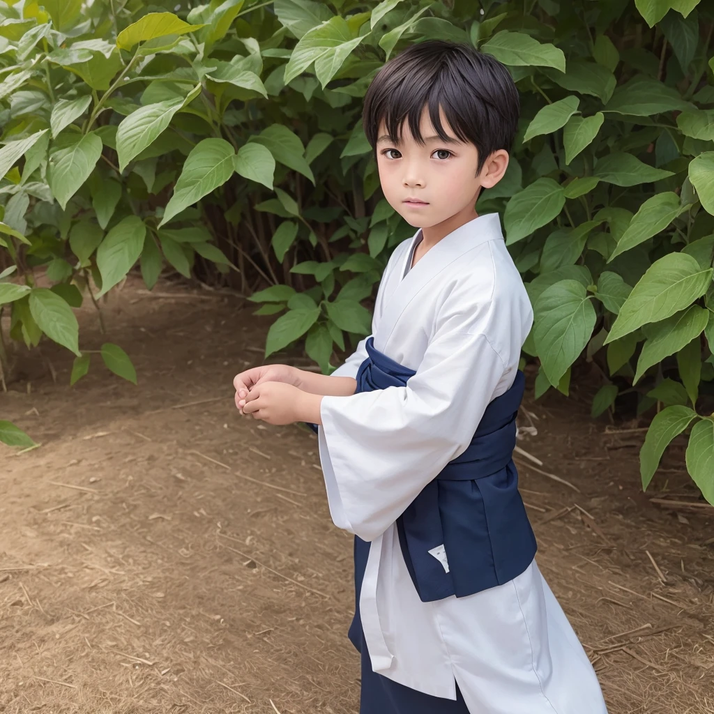 High resolution, Super detailed, masterpiece, highest quality,oriental、boy、Wearing traditional Japanese costume style、alone、boy doing farm work、