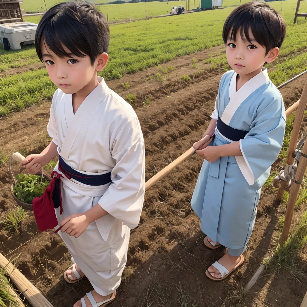 High resolution, Super detailed, masterpiece, highest quality,oriental、boy、Wearing traditional Japanese costume style、alone、boy doing farm work、