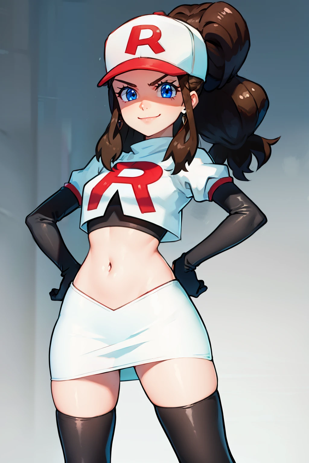 pokemonhilda, blue eyes, brown hair, long hair, ponytail, baseball cap, earrings, glossy lips ,team rocket uniform, red letter R, white skirt,white crop top,black thigh-high boots, black elbow gloves, evil smile, hands on hips