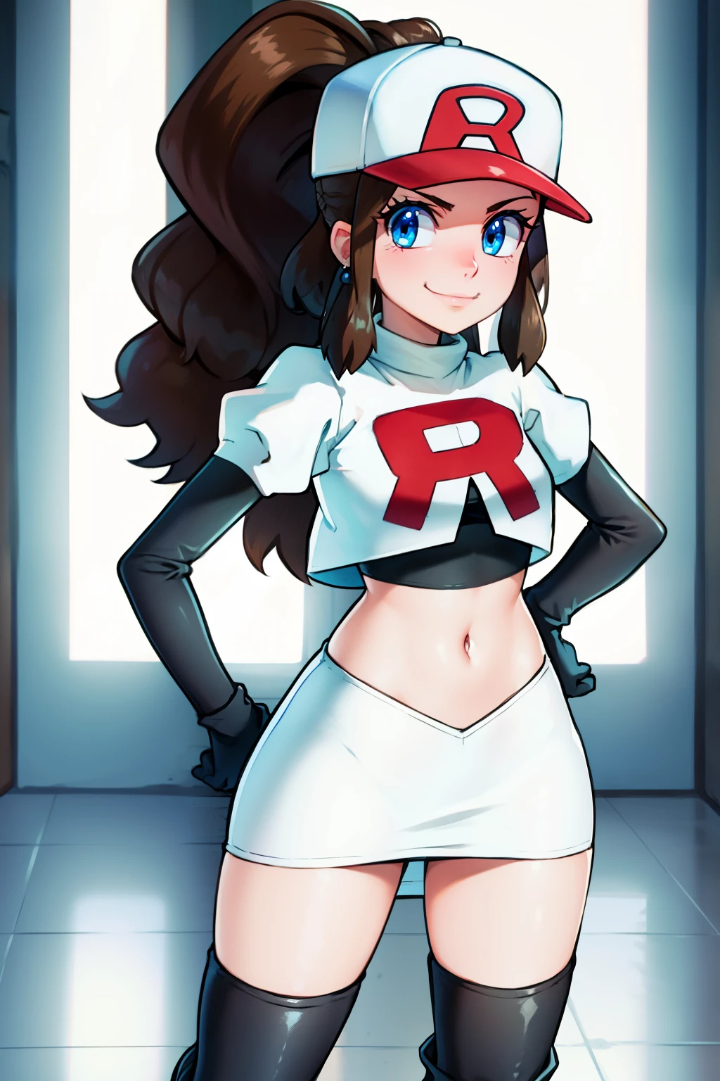 pokemonhilda, blue eyes, brown hair, long hair, ponytail, baseball cap, earrings, glossy lips ,team rocket uniform, red letter R, white skirt,white crop top,black thigh-high boots, black elbow gloves, evil smile, hands on hips