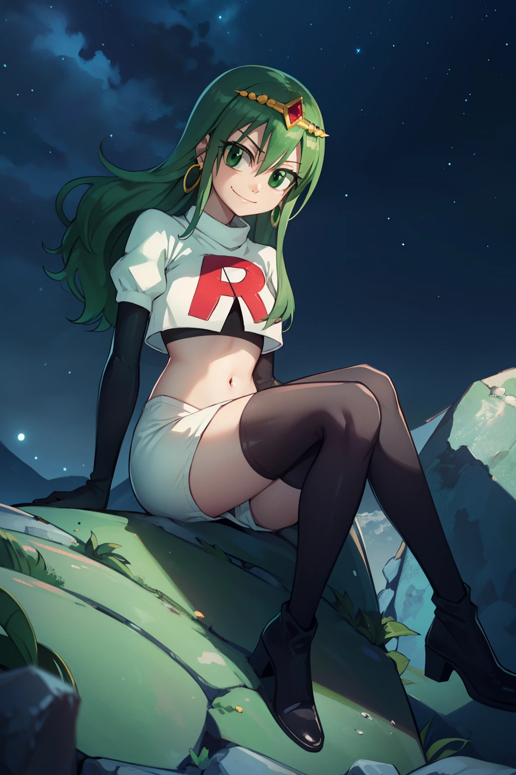 hisui, hisui, long hair, (green eyes:1.5), green hair, hair between eyes,earrings, tiara ,glossy lips ,team rocket uniform, red letter R, white skirt,white crop top,black thigh-high boots, black elbow gloves, evil smile, sitting down ,legs crossed, night sky background