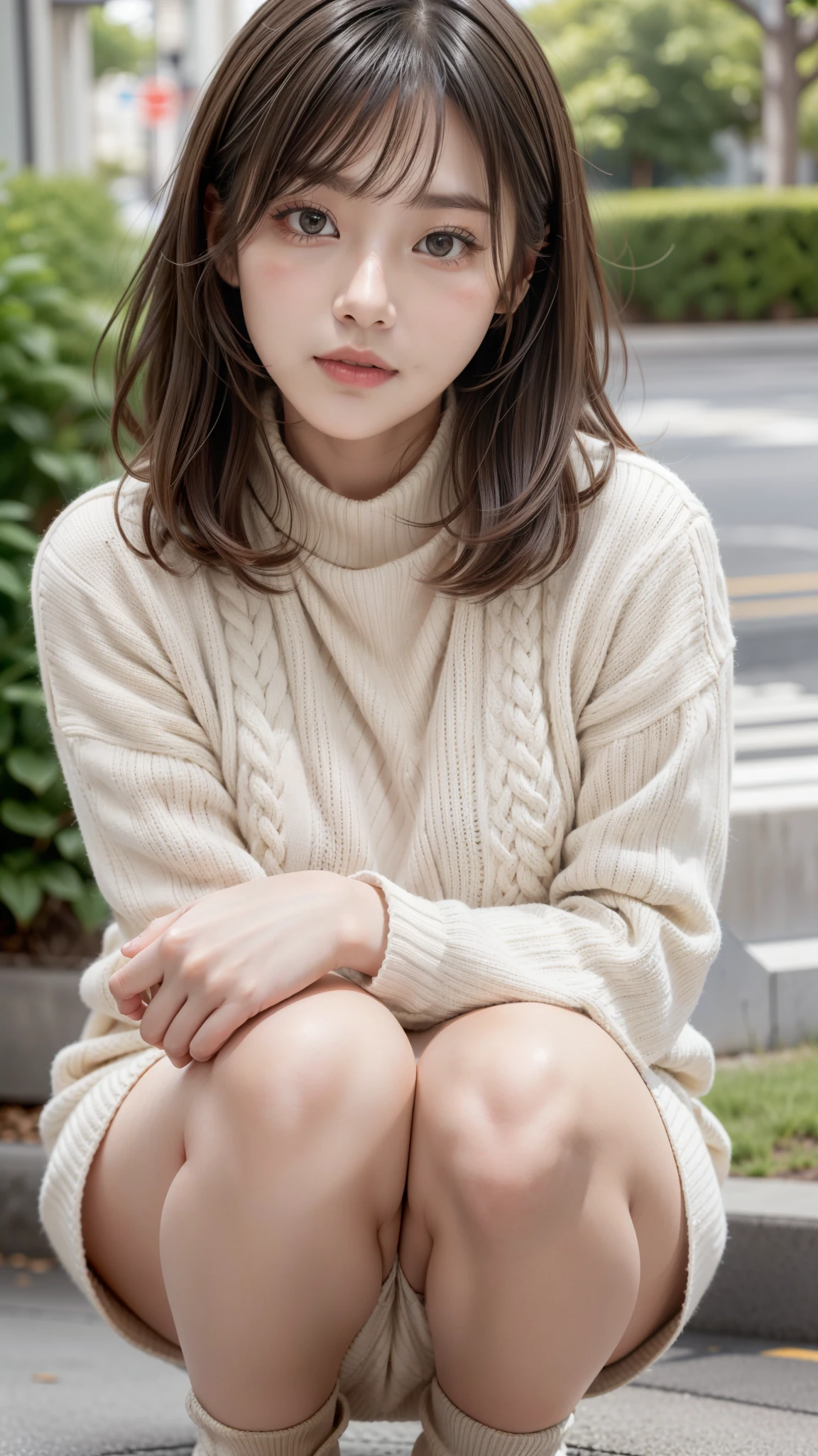 Photo taken by a professional photographer，Close-up of a woman squatting on the sidewalk with her legs crossed, kiko mizuhara, wearing a sweater, Shirahime cut hairstyle, wearing a sweater, likeくて可愛い女の子, japanese model, 白いwearing a sweater, Chiho, カジュアルなwearing a sweater, with short hair, a かわいいlikeい女性, かわいいlikeい女性, like々Beautiful Japanese girl's white panties，