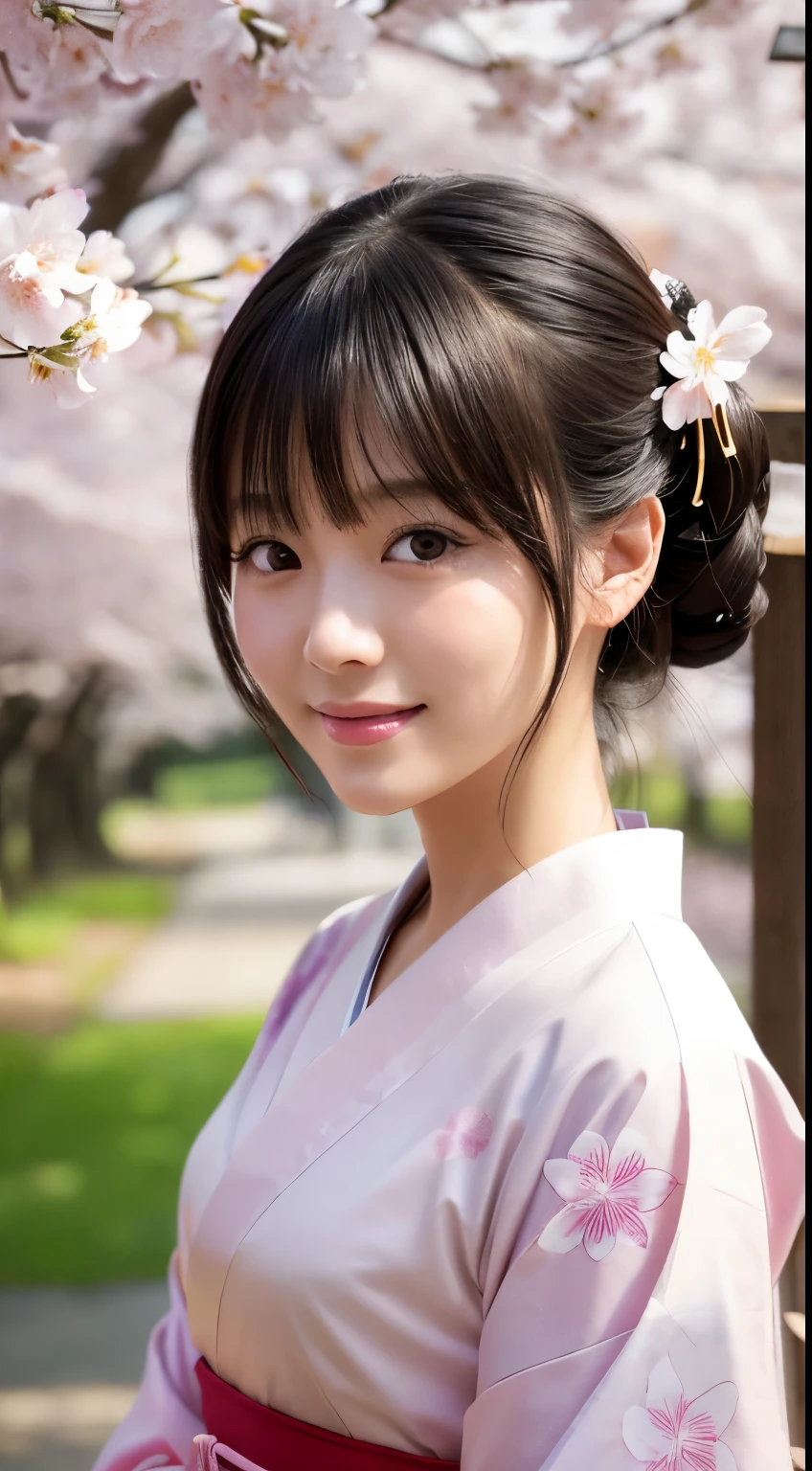 professional lighting,(Photoreal:1.4), (Top image quality:1.0), (Super high resolution:1.0), 8K, Raw photography, (masterpiece:0.2), (Pueros face_v1:0.5)、(最高quality Detail:1.2)、realistic、8K UHD、High resolution、(1 girl:1.2)、超detailedな、High quality textures、intricate details、detailed、Very detailed CG、High quality shadows、Beautiful and delicate face in every detail、Beautiful and delicate eyes in every detail、(symmetrical eyes:1.2),Depth of bounds written、ray tracing,1 girl, japanese girl, (natural smile:1.4),cute, thin, Portrait of a beautiful Japan woman in kimono, Stand in a graceful posture at a traditional shrine. The kimono is vivid with traditional patterns, Hair decorated with elegant and delicate kanzashi, and a gentle expression. (Against the backdrop of a shrine with cherry blossoms in full bloom:1.4)、Soft light on a spring afternoon、Adds tranquility to the scene. Render in a realistic style with meticulous attention to detail, High resolution画像.sky porn, magic hour, (realistic:1.3), 細かくdetailedに, quality, (table top:1.2), (realistic:1.2), (最高quality), (複雑なdetailed), dramatic, ray tracing, photograph, +roller