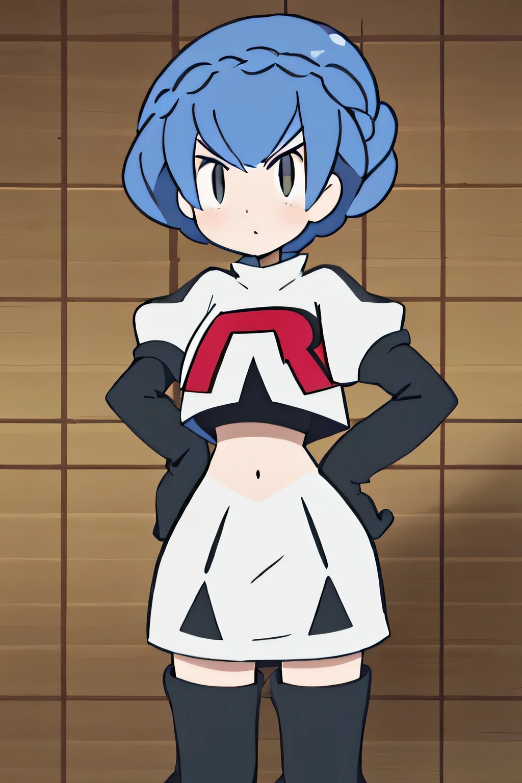 (masterpiece, best quality:1.2), caustics, solo, 1girl, marianneuniform, expressionless, looking at viewer, own hands together, crown braid, uniform, epaulettes, long sleeves, indoors team rocket uniform, red letter r, white skirt,white crop top,black thigh-high boots, black elbow gloves, glaring angrily, looking at viewer, hands on hips, full body seen