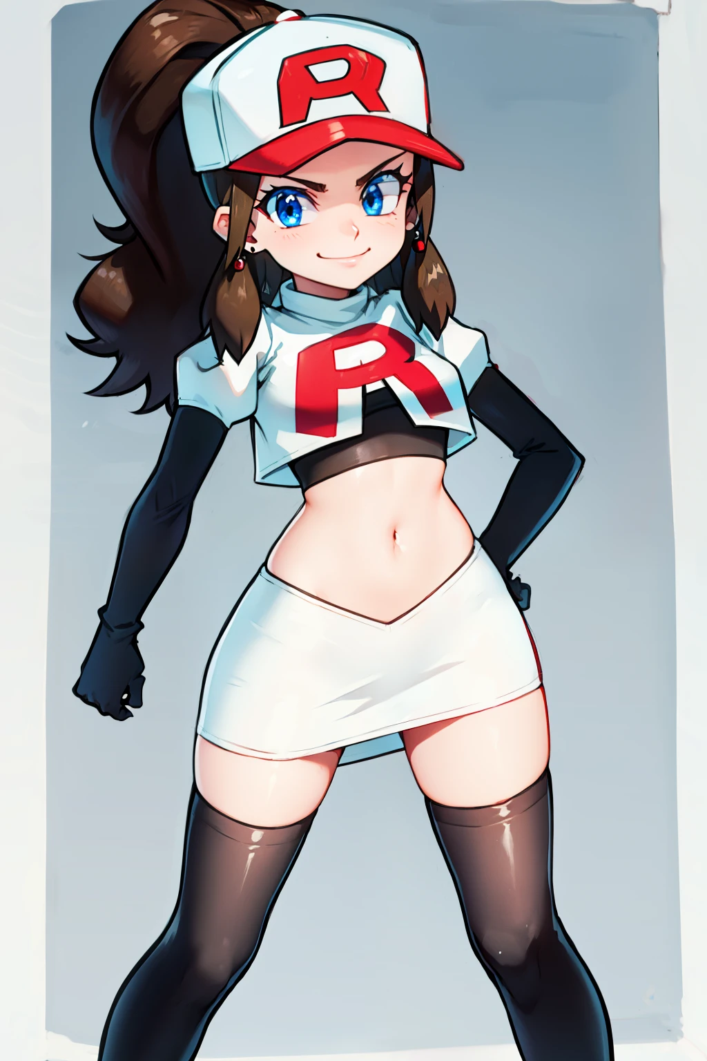 pokemonhilda, blue eyes, brown hair, long hair, ponytail, baseball cap, earrings, glossy lips ,team rocket uniform, red letter R, white skirt,white crop top,black thigh-high boots, black elbow gloves, evil smile, sexy poses