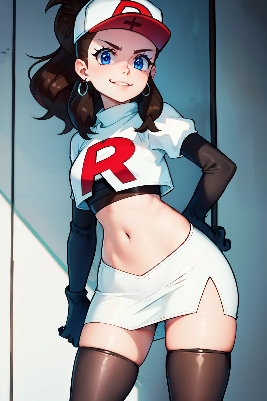 pokemonhilda, blue eyes, brown hair, long hair, ponytail, baseball cap, earrings, glossy lips ,team rocket uniform, red letter R, white skirt,white crop top,black thigh-high boots, black elbow gloves, evil smile, sexy poses