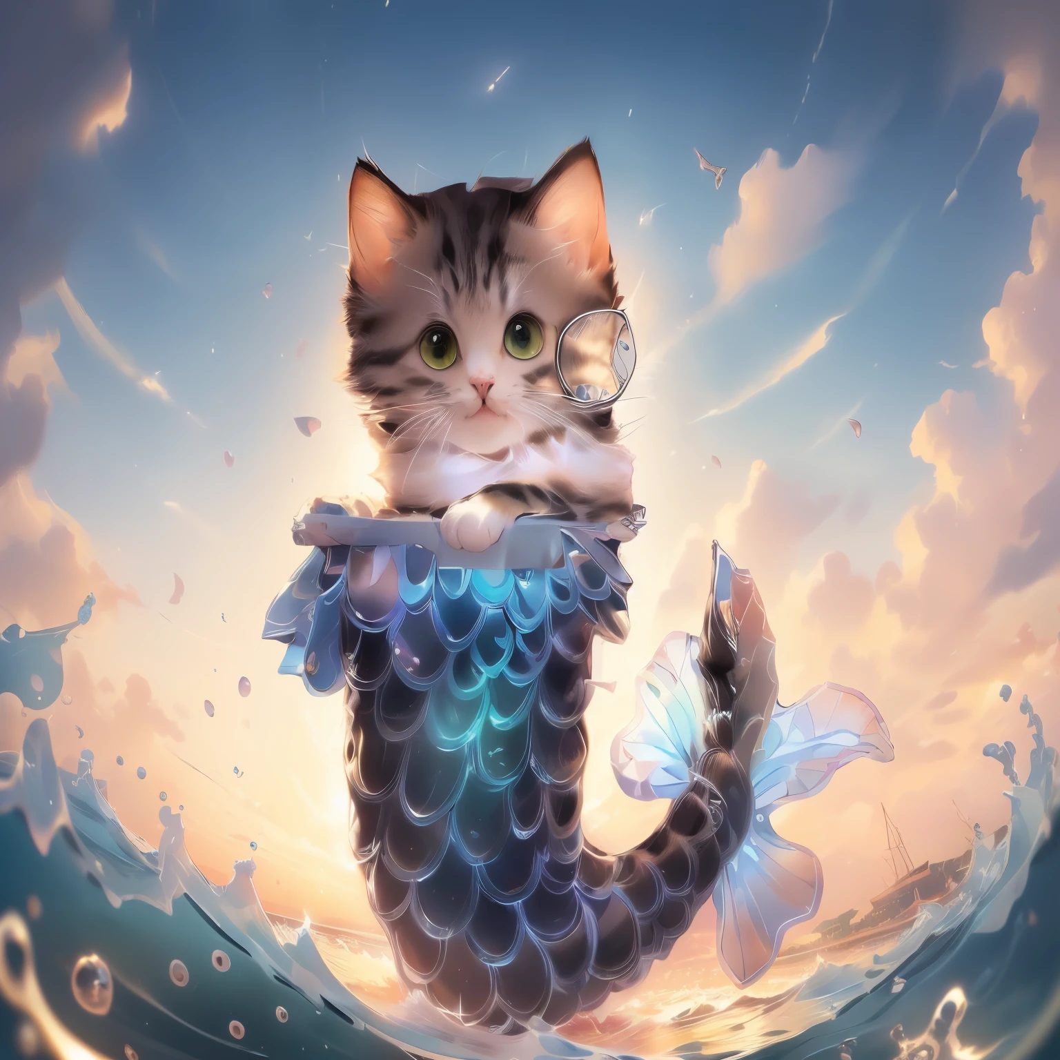 A cat is riding on the mermaid's tail, Cat Seahorse Shapeshifter, cute digital art, a cat swimming in water, Cat Seahorse Fursona, cute detailed digital art, anime visual of a cute cat, illustration of a cat on it, cute cat, cute cat, cat design, cute colorful adorable, very beautiful cute catgirl, a cute cat