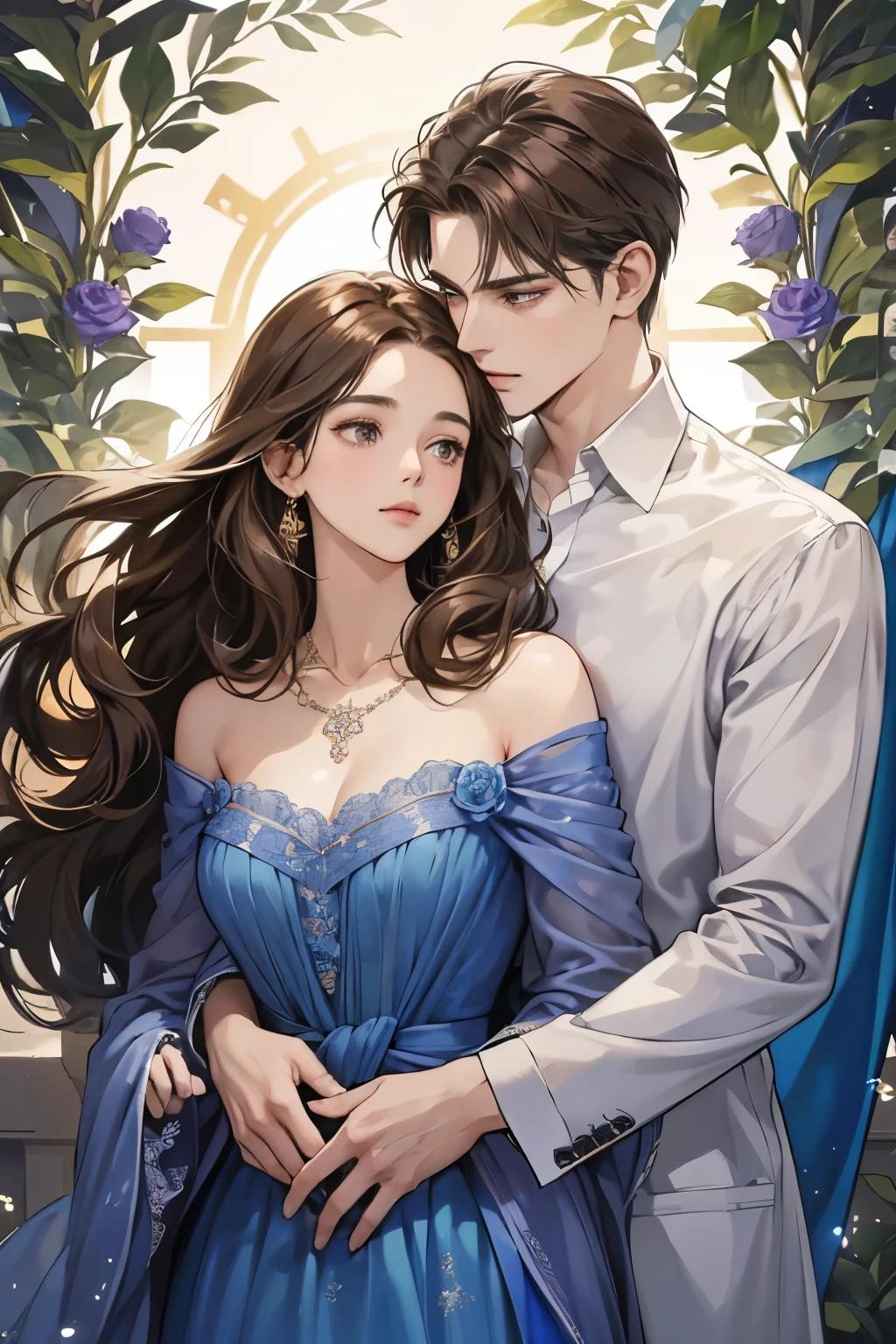 A captivating watercolor art piece presents a close-up image of a man with brown, wavy hair, holding a woman with identical brown locks ???????????. The woman is dressed in a lovely blue dress, accentuated by the shimmering diamond necklace around her neck.Delicate gold vines, adorned with tiny white flowers, gracefully drape over the right and left sides of the image. The man wears an unbuttoned white shirt, adding to the intimacy of the moment. The background is a breathtaking blend of dark, blue, purple, and gray hues, harmoniously complementing the intricacies of the scene.The brown-haired man and the woman are in a