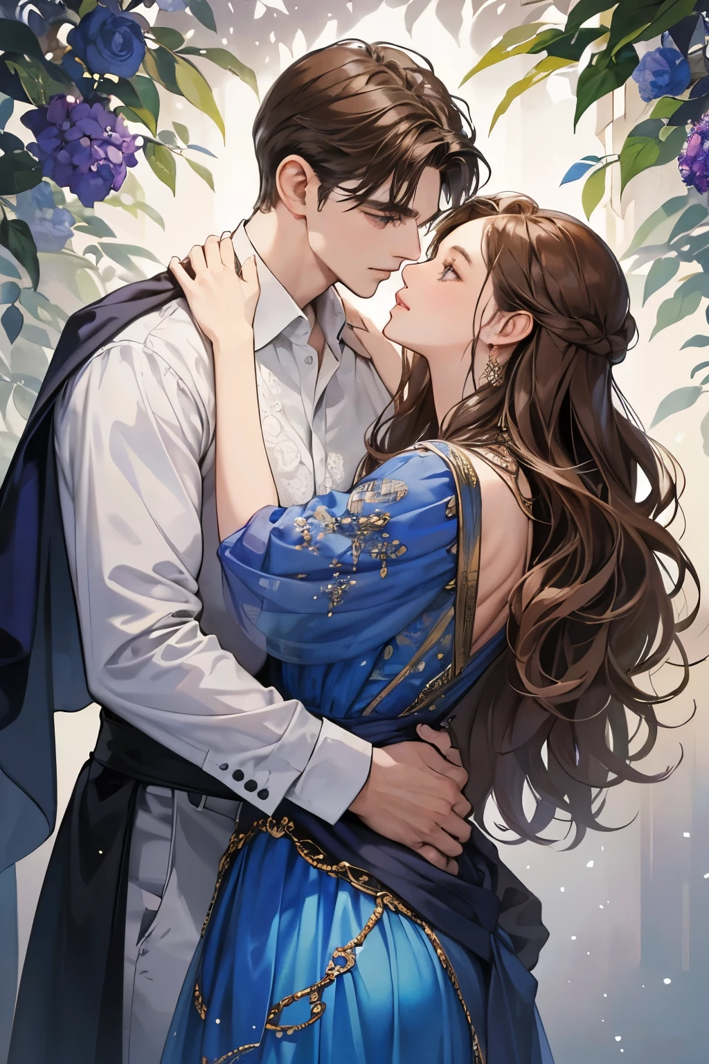 A captivating watercolor art piece presents a close-up image of a man with brown, wavy hair, holding a woman with identical brown locks from behind. The woman is dressed in a lovely blue dress, accentuated by the shimmering diamond necklace around her neck.Delicate gold vines, adorned with tiny white flowers, gracefully drape over the right and left sides of the image. The man wears an unbuttoned white shirt, adding to the intimacy of the moment. The background is a breathtaking blend of dark, blue, purple, and gray hues, harmoniously complementing the intricacies of the scene.The brown-haired man and the woman are in a