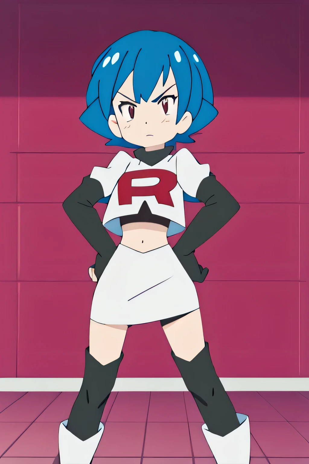 team rocket uniform, red letter r, white skirt,white crop top,black thigh-high boots, black elbow gloves, glaring angrily, looking at viewer, hands on hips, full body seen