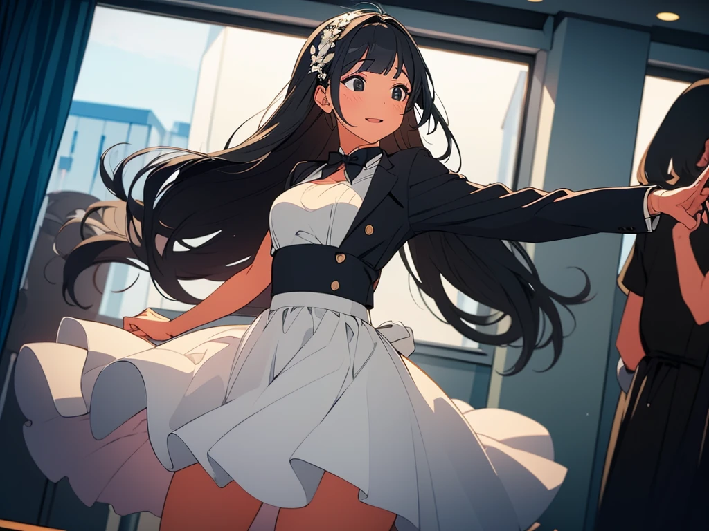 masterpiece, best quality, extremely detailed, anime, from below, cowboy shot, looking at viewer, 1girl, 18yo, school girl, solo, embarrassed, surprised, blush, spread arms, clenched fists, black hair, (white sailor uniform), , sensual pose, (blowing wind), floating skirt, (skirt rolled up and lifted by wind), (white intricated panties), (etailed panties),