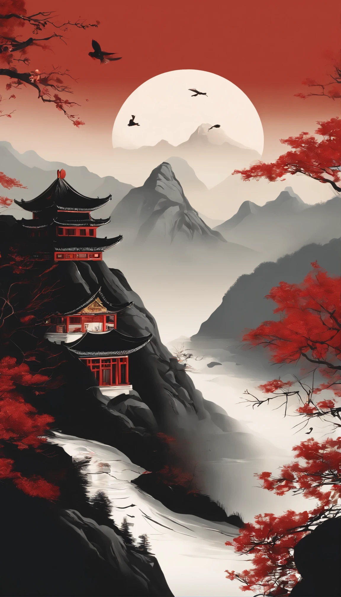 poster design，poster style，fashionable，Chinese landscape painting，Mount Tai，maple leaf，（tree red,lower right corner），mountains and rivers black，cloud，bird，spread pictures，Master masterpieces，quality，16k,Realistic