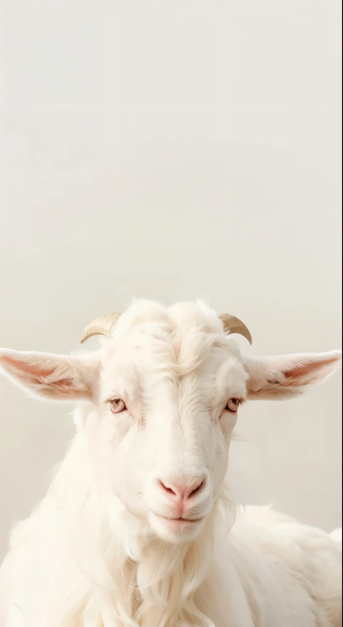 there is a white goat with long hair laying down, half goat, a goat, goat body, the devastating wise goat, peter the goat, goat, pale pointed ears, animal portrait, intense Albinism, pale white face, White horns grow on eyebrows, goats, amazing wallpapers, Delicate frontal portrait, iphone wallpaper, goat horns on his head, Albinism