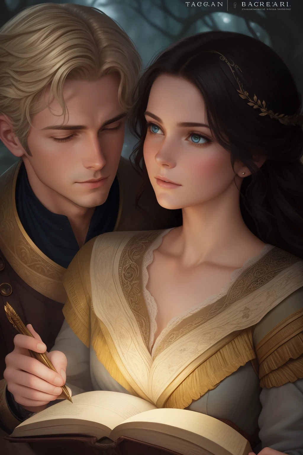 A captivating close-up image of a well-loved romance novel, featuring a couple lost in each other's eyes on the cover. This exquisite portrait is a masterpiece by the skillful hands of Galen Dara, showcased on popular platforms like Tumblr. The photorealism technique perfectly brings to life the intricate details of the couple, their emotions, and the textures of the worn book page. The young adult fantasy novel cover, with a dreamy, romantic style, invites readers to embark on a heartfelt journey. The artistry of Edmund Blair and Charlie Bowater, as well as Tom Bagshaw, contributes to the overall enchant