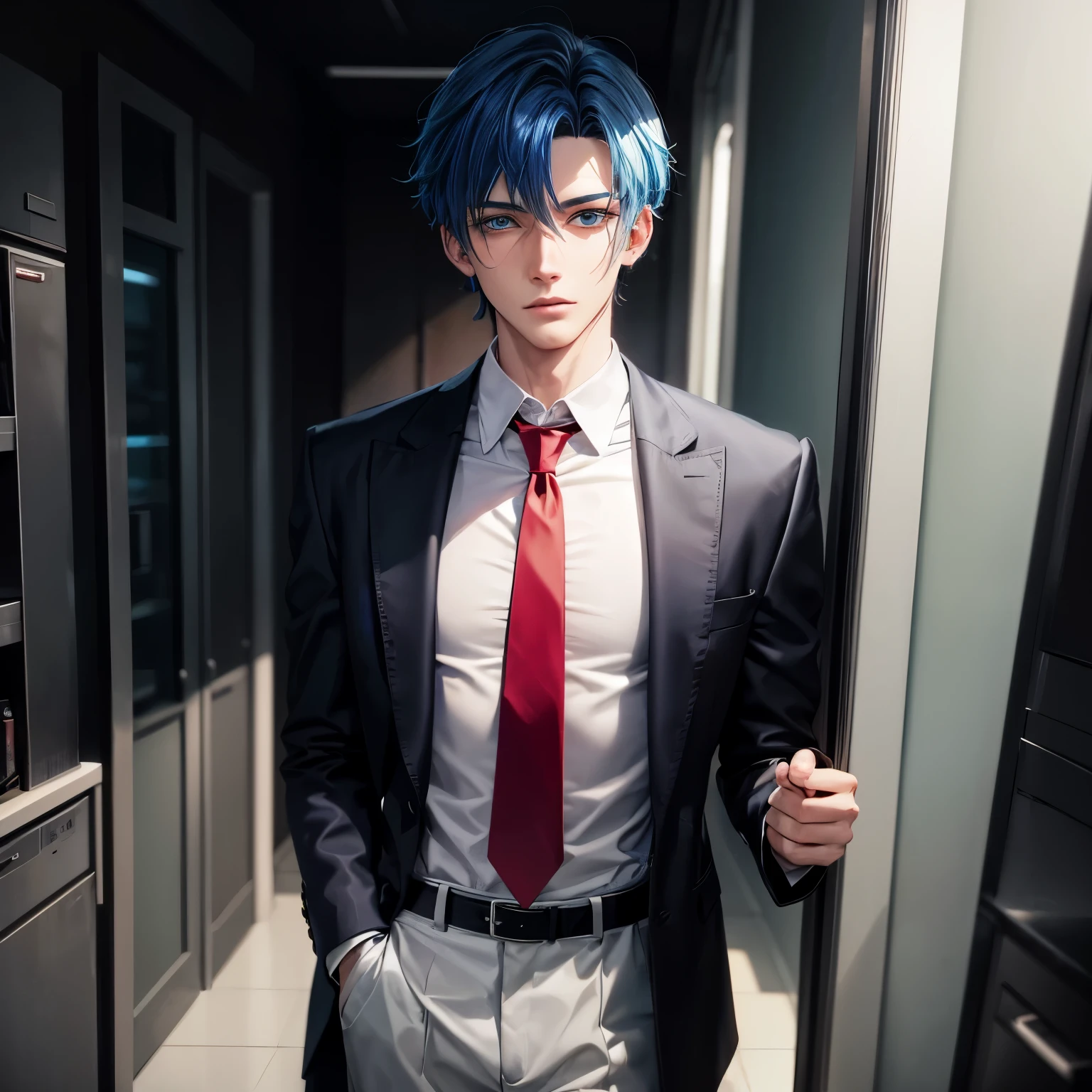 he is a man who is approximately 19 years old. he has blue hair with a "two block" cut. he has blue eyes. he also wears an earring in his left ear which is in the shape of a small circle. he has a handsome face and has a fairly athletic body. his skin is white. and dressed in white with a black shirt and wearing a red tie