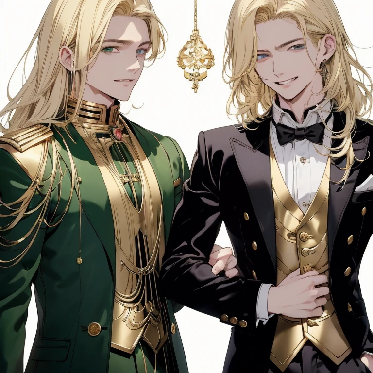 ((highest quality)), ((masterpiece)), (be familiar with), two grown-up young men、male、twins、ニ人のmale、perfect face、golden hair、Wavy hair、green eyes、I'm looking at this and smiling、Strong eyes、suit、whole body、good physique、185 cm、Are standing、long legs、Shoulder coat、anime style