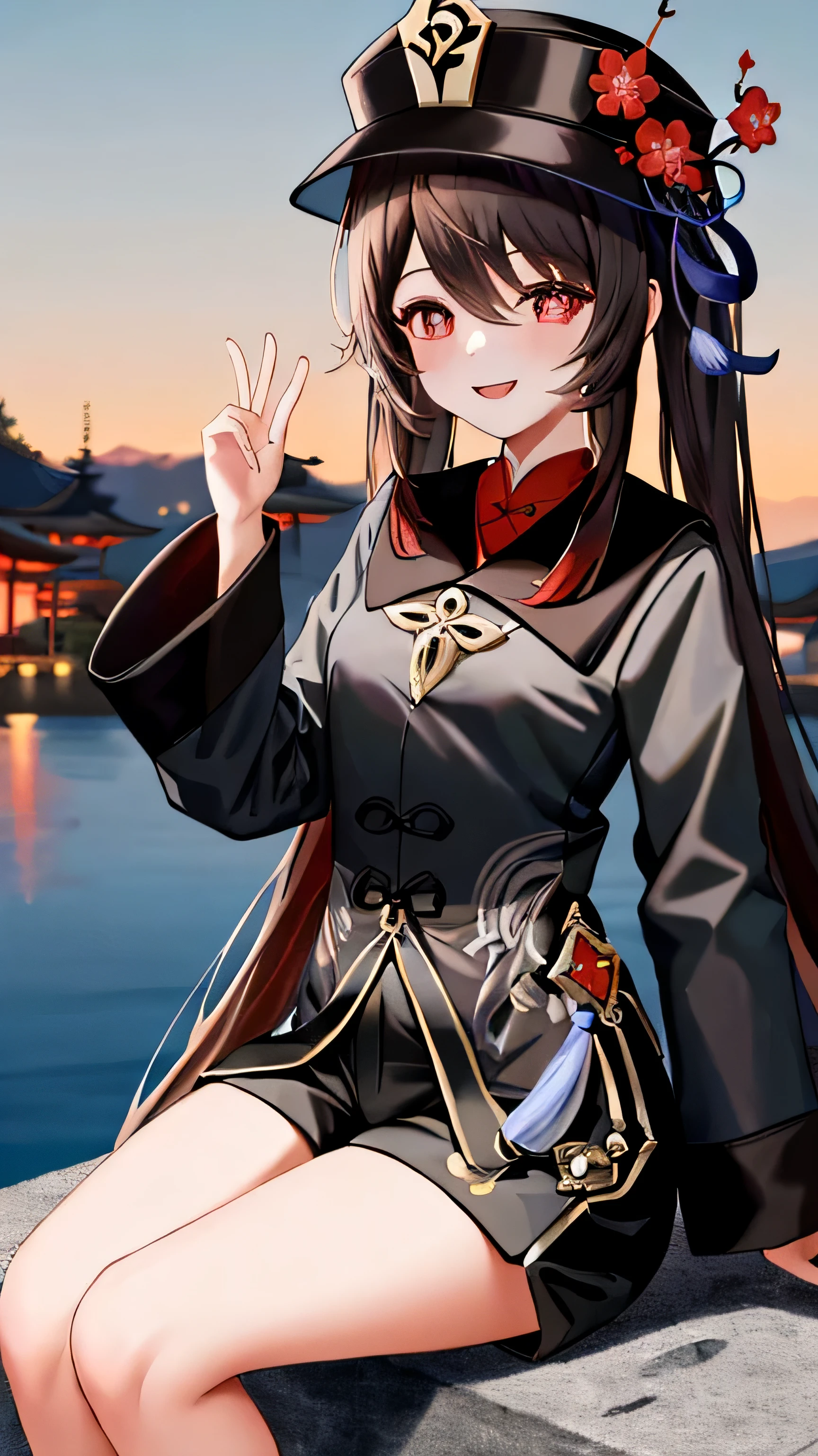 masterpiece, best quality, 1girl, hu tao (genshin impact), boo tao,hat, red eyes, twintails, brown hair, symbol-shaped pupils, long hair,bangs, black shorts , landscape, sitting, smile