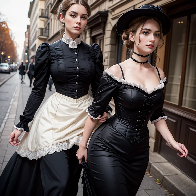 Hyper-realistic, masterpiece, screen shot, best quality, beautiful portrait, close-up zoom, high resolution, 8k, 1girl, smiley cocky smirk, a woman in a black dress, plus size model, plump, walking down a street, walking in evening, Victorian lady, a beautiful Victorian woman, Victorian fantasy art, Herbert James Draper, dressed in Victorian clothes, Vittorio Matteo Corcos, beautiful character.