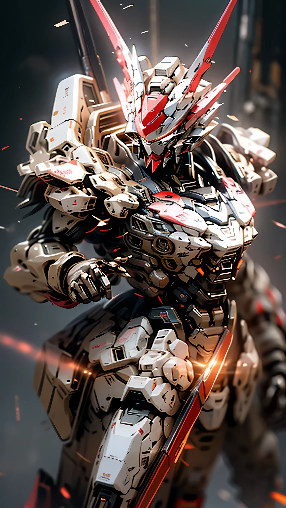 最high quality、best image quality、masterpiece、huge robot((damaged white body、blue light body line、damage the right arm、injured left leg、damage jet pack、holding a shotgun in both hands、sparks come out from the body、red visor、original head、muscular、bulletproof vest,Mechanical face、shooting pose)),high quality、beautiful art、background((dark cavity、underground、red lighting)),debris flies、Depth of written boundary、movie、visual art、perfect art、8K,genuine