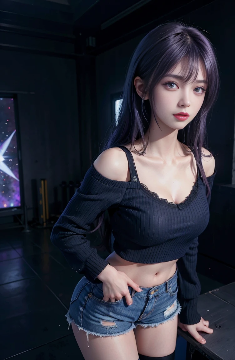 masterpiece, highest quality, 1 girl, formal, purple eyes, purple hair, busyness, Denim Shot, looking at the audience, dark, (darkness), cinematic light, edge light, delicate eyes, (Pueros face_v1:0.5), looking at the audience, (reality: 1.2), provocative, Broken Star Truck, arrogant, bangs evil face, apocalyptic background, hot pants, shorts