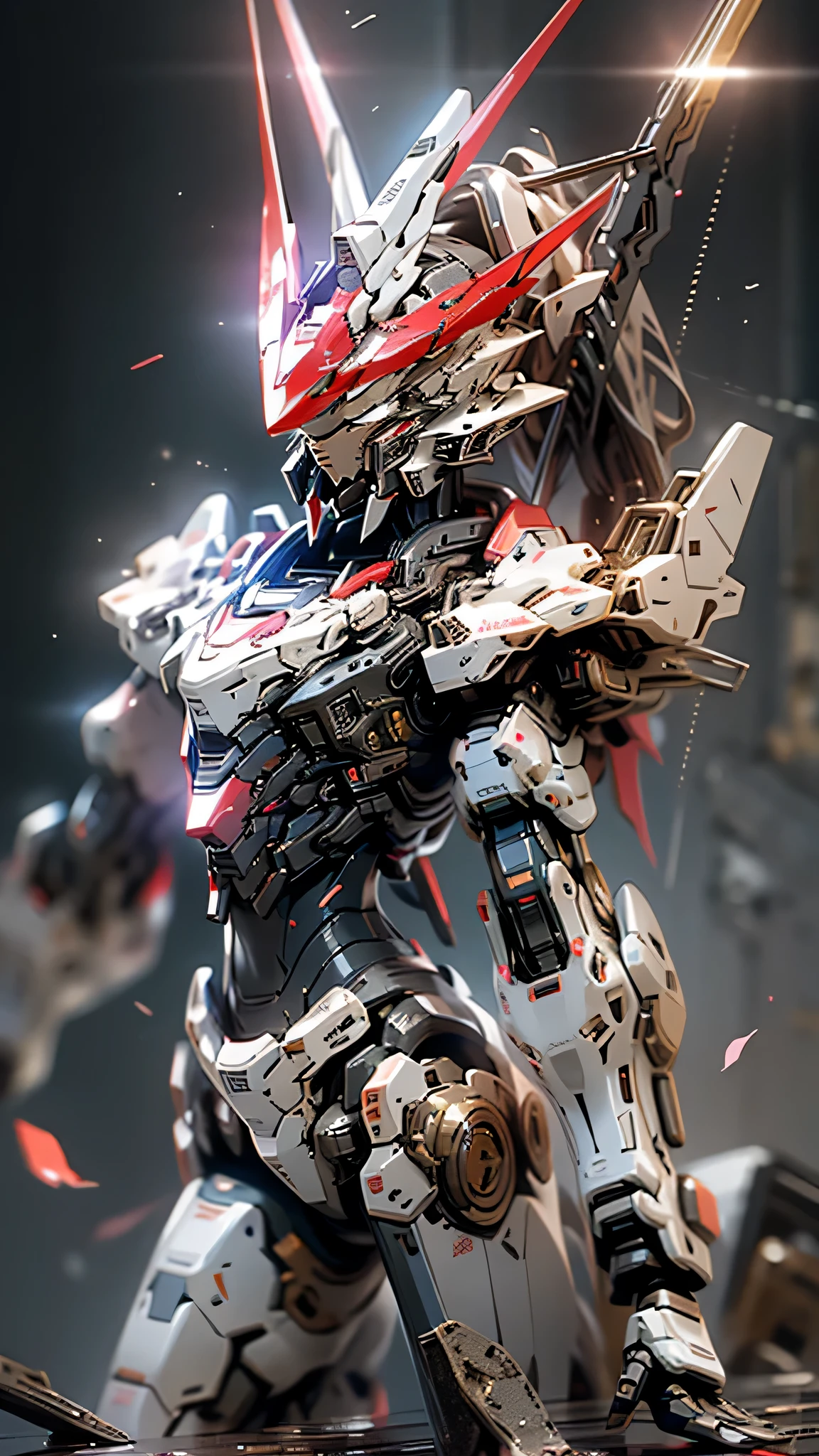 最high quality、best image quality、masterpiece、huge robot((damaged white body、blue light body line、damage the right arm、injured left leg、damage jet pack、holding a shotgun in both hands、sparks come out from the body、red visor、original head、muscular、bulletproof vest,Mechanical face、shooting pose)),high quality、beautiful art、background((dark cavity、underground、red lighting)),debris flies、Depth of written boundary、movie、visual art、perfect art、8K,genuine