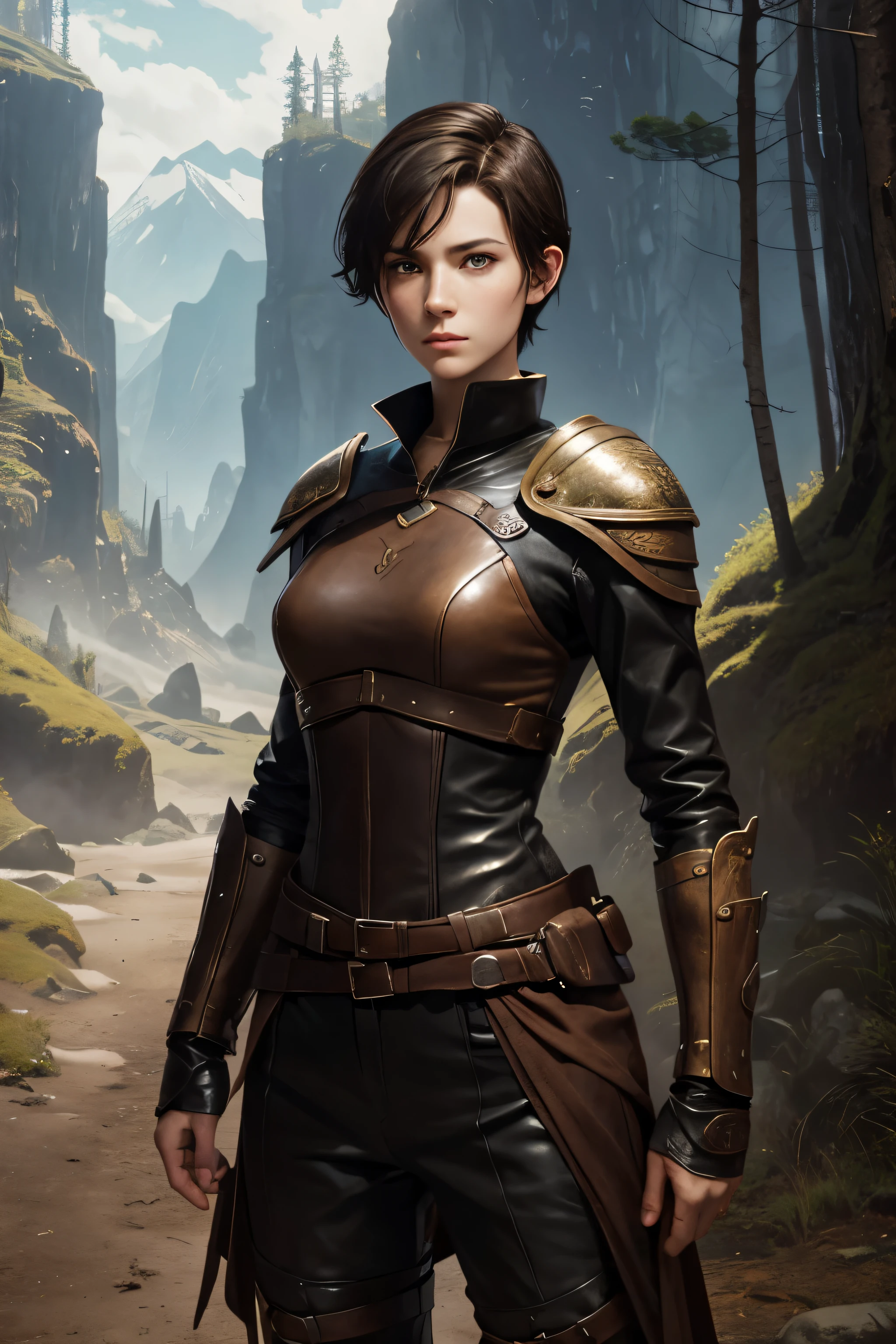 Full body image of a young female ranger. very thin. Fantasy-Stil. Androgynous facial features. soft facial features. Dunkelbraunes Haar. sehr kurzes Haar. Male haircut. Taillierung. Viele Sommersprossen im Gesicht. nach oben gerichtete Augen. Lange breite Nase. Geschwungene Lippen. rundes Gesicht. Rundes Kinn. Weiches Kinn. very small breasts. lange dicke Beine. langer Hals. sehr blasse Haut. Sieht freundlich aus. dunkelbraune Augen. He wears tight leather armor, which reveals leather armor. Hintergrund: Bright and colorful landscape with mountains and forests.