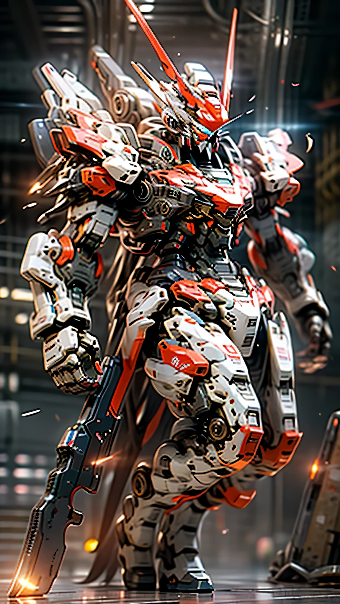 最high quality、best image quality、masterpiece、huge robot((damaged white body、blue light body line、damage the right arm、injured left leg、damage jet pack、holding a shotgun in both hands、sparks come out from the body、red visor、original head、muscular、bulletproof vest,Mechanical face、shooting pose)),high quality、beautiful art、background((dark cavity、underground、red lighting)),debris flies、Depth of written boundary、movie、visual art、perfect art、8K,genuine