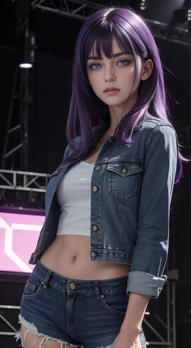 masterpiece, highest quality, 1 girl, formal, purple eyes, purple hair, busyness, Denim Shot, looking at the audience, dark, (darkness), cinematic light, edge light, delicate eyes, (Pueros face_v1:0.5), looking at the audience, (reality: 1.2), provocative, Broken Star Truck, arrogant, bangs evil face, apocalyptic background, hot pants, shorts