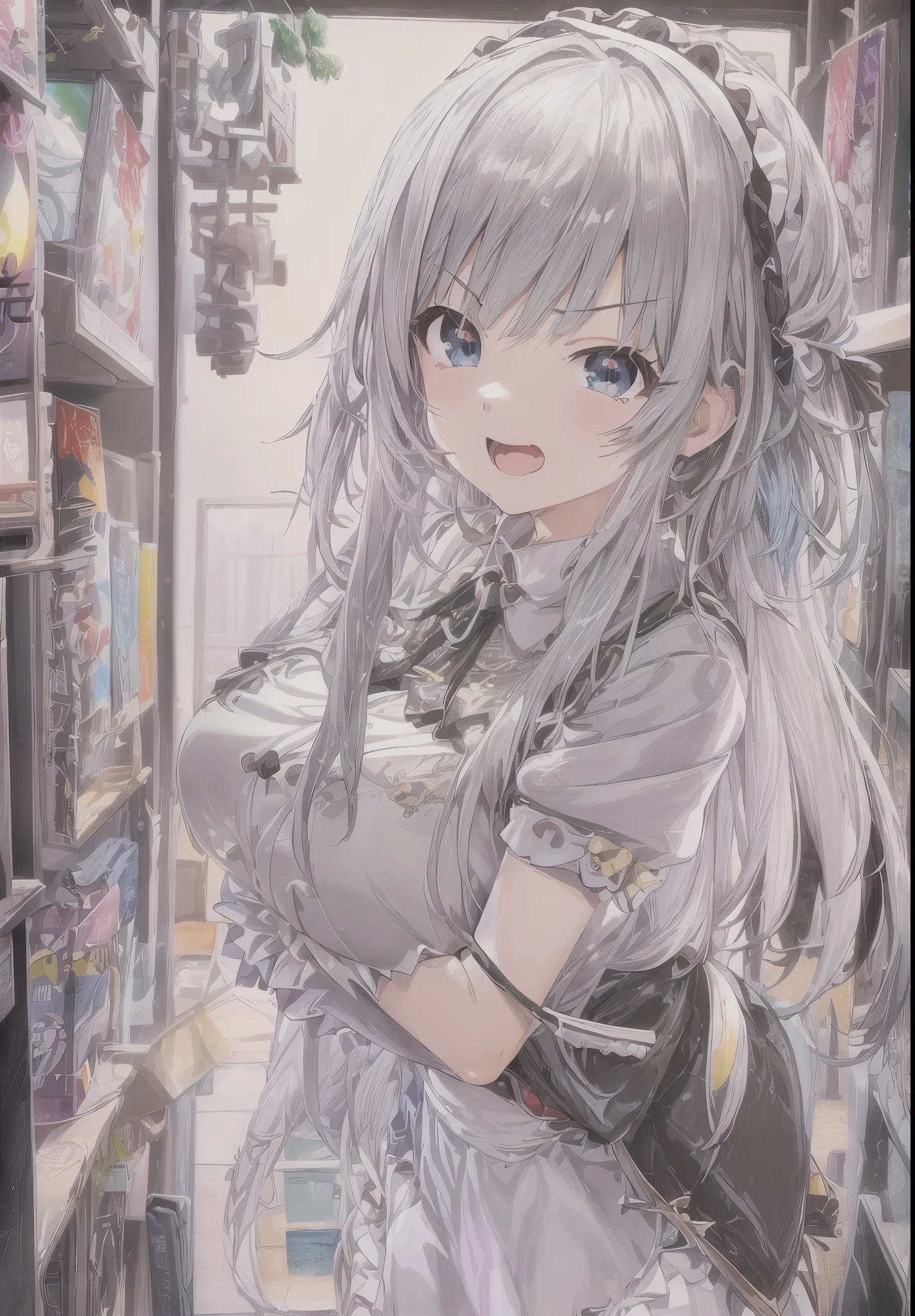 (Theater animation quality:1.5),(High anime color:2.0),(Anime Ultra HD:2.0),(Colorful anime illustrations:2.0),(Anime visuals of cute girls:2.0),(very complicated:1.8),alone,(The Idolmaster:1.5)， 1 girl，looking at the audience, flat bangs,Morbid beauty，green eyes，leaning on wall，standing photo，Looking down slightly at the audience，cold eyes，Furrow your eyebrows，gloomy look，contemptuous sneer，Silvery-white hair，Shoulder-length hair，black hair band，Black and white maid outfit，black stockings， plump breasts，living room，masterpiece,super detailed,high quality,top quality,