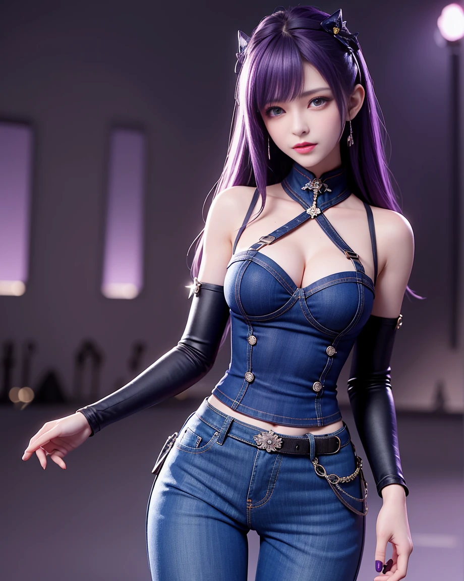 masterpiece, highest quality, 1 girl, formal, purple eyes, purple hair, busyness, Denim Shot, looking at the audience, dark, (darkness), cinematic light, edge light, delicate eyes, (Pueros face_v1:0.5), looking at the audience, (reality: 1.2), provocative, Broken Star Truck, arrogant, bangs evil face, apocalyptic background, hot pants, shorts