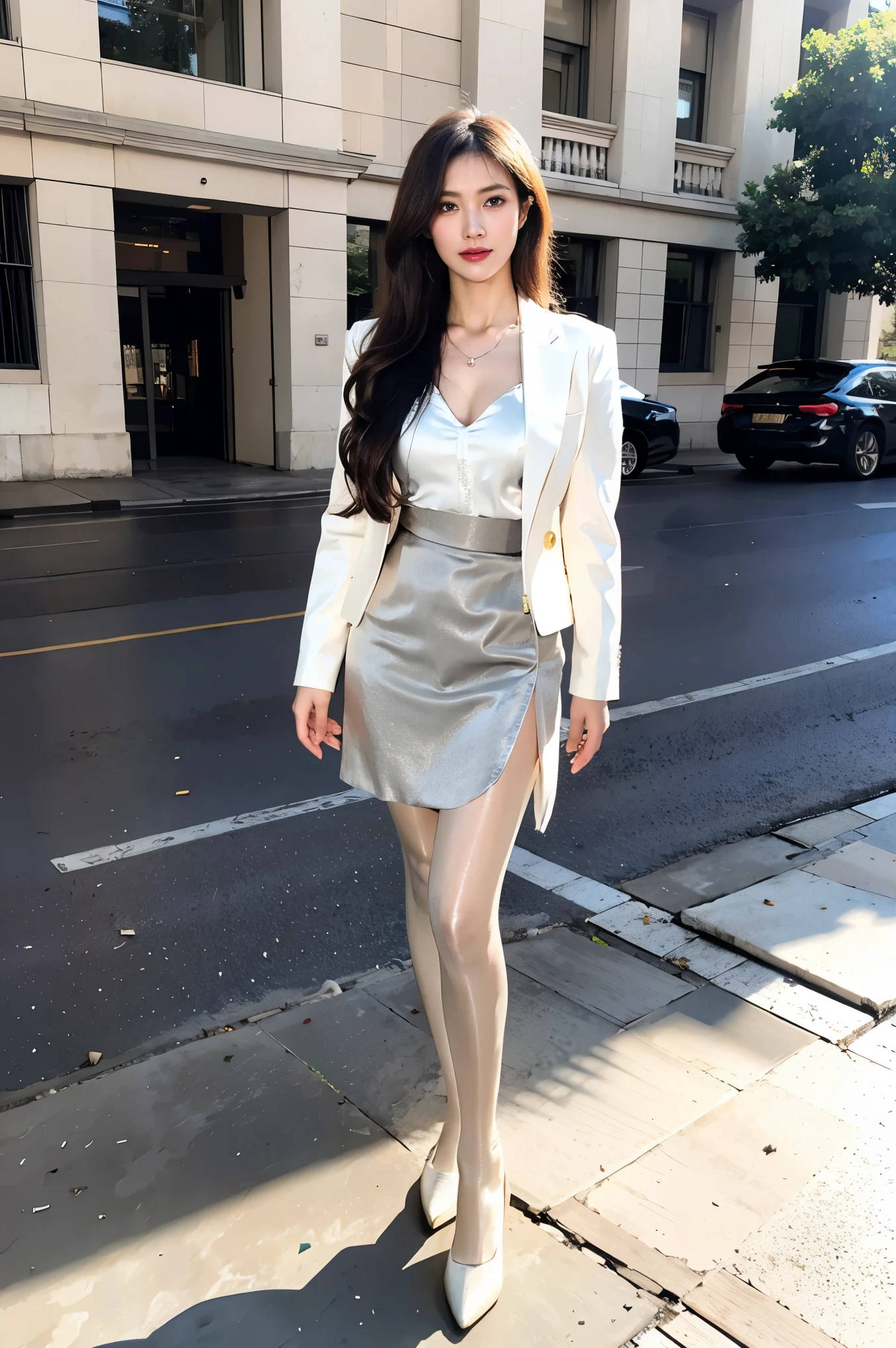 1 girl,(European model:1.3),31 years old,exquisite,Business womenswear,(jacket:1.1),(shirt:1.1),(Wrap skirt:1.1),Accessories,jewelry,briefcase,knitwear,,goosebumps,goose-flesh,(fidelity:1.3),filigree,quality,(masterpiece:1.2),(fidelity:1.2),(best quality),(Skin details:1.3),(intricate details),drama,Ray tracing,photo,bathed in light and shadow,visual novel,street with skyscrapers,On a bustling city street,film grain,Depth of field 100mm,Flick,full-body shot,skin tone,High heel,Stand apart,Blue sky and white clouds,sunny