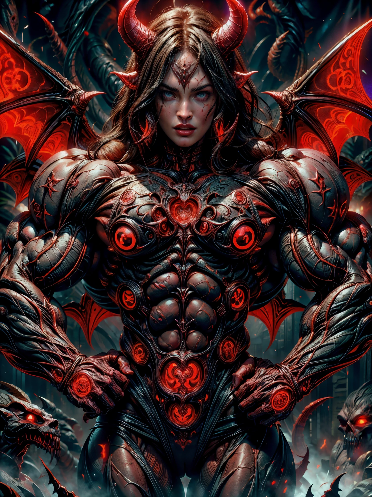 (1 girl), (megan fox:1.25), (naked:1.25), Sexy Evil naked demonic Succubus, (Muscular skinless anatomy:1.25), (large Demon horns:1.25), demonic tech muscular bodysuit, an evil red glow emanating from her, (huge demonic wings:1.25), Black Eyes, large veiny breasts, perfect hands, diabolic, insidious, Context of the Satanic Church, (8k, RAW photo, photorealistic:1.25),