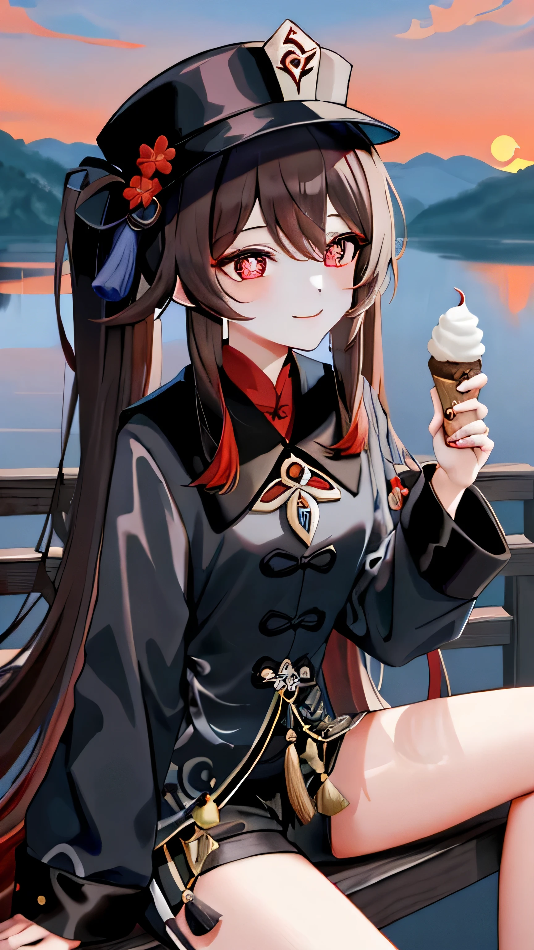 masterpiece, best quality, 1girl, hu tao (genshin impact), boo tao,hat, red eyes, twintails, brown hair, symbol-shaped pupils, long hair,bangs, black shorts , landscape, sitting, smirk, ice cream