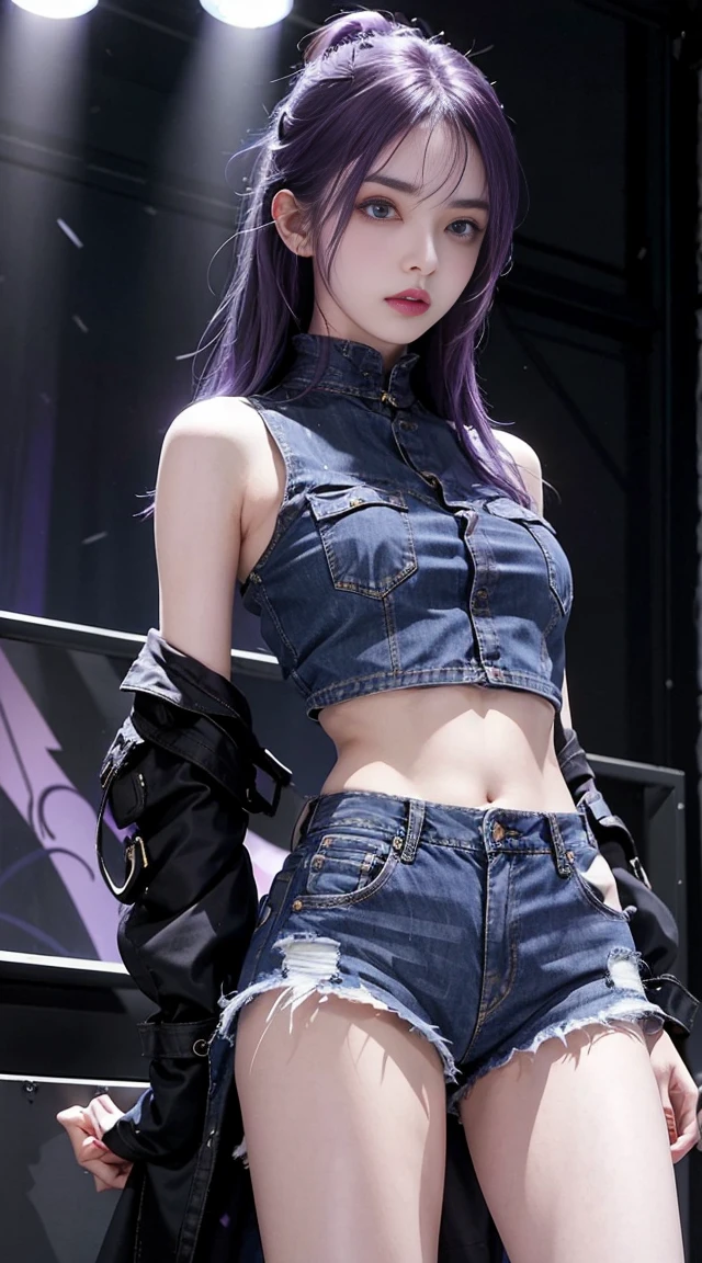 masterpiece, highest quality, 1 girl, formal, purple eyes, purple hair, busyness, Denim Shot, looking at the audience, dark, (darkness), cinematic light, edge light, delicate eyes, (Pueros face_v1:0.5), looking at the audience, (reality: 1.2), provocative, Broken Star Truck, arrogant, bangs evil face, apocalyptic background, hot pants, shorts