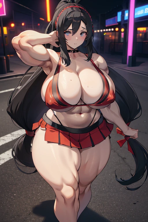 Best quality,8K,ultra high res:1.5),(Pretty very very long ponytail hair tied with red ribbon girl),(Huge breasts:1.20),(very voluptuous body),(very voluptuous thigh),(body builder girl:1.5),(wide muscle:1.8),(light smile),(eyes to camera),(light black hair),(red bra),(red short skirt),(nipples),(sexy abdominal muscles),(standing view),(black shoes),(nipples),(blue eye ball),(running on night street),(headband),(red bra)