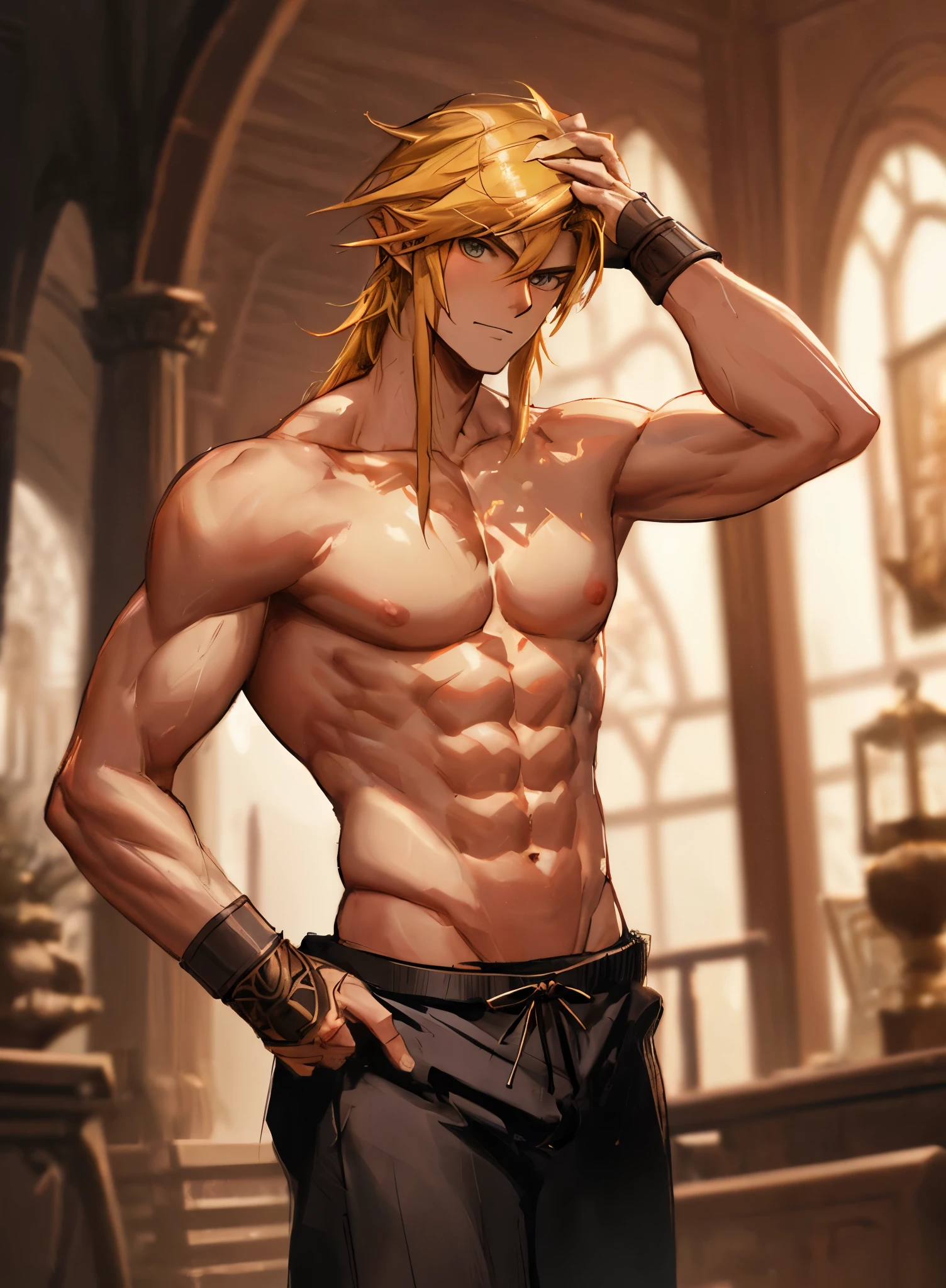 a close up of a man with blonde hair and no shirt, handsome guy, shirtless :: high detail, blonde, anime boy, blonde waist-long hair, handsome anime pose, smooth skin, shirtless,link, masterpiece,detailed, intricate,4k,digital painting,pants,martial arts,black belt, muscular,perfect abs,warrior,sportive,seductive,horny,(smiling:0.3)(evil:0.3)(from below:1.2),(indoor)(palace)(one hand behind head),serious, confident,looking at viewer,maledom,prince,dominant, bdsm