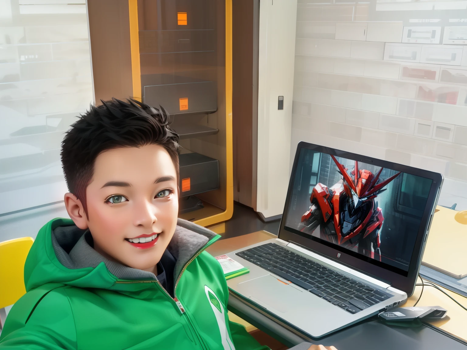 The laptop image screen is changed to a red mecha，Technology elements，cyberpunk